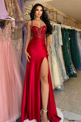 Elegant Long Red Spaghetti Straps Sequins Lace Sleeveless Prom Dress Long Slit